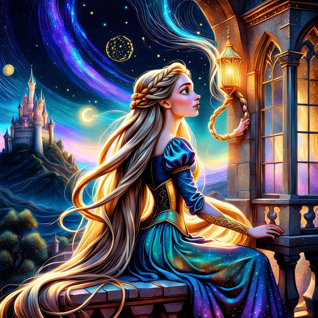 Rapunzel Braiding Hair on Castle Veranda