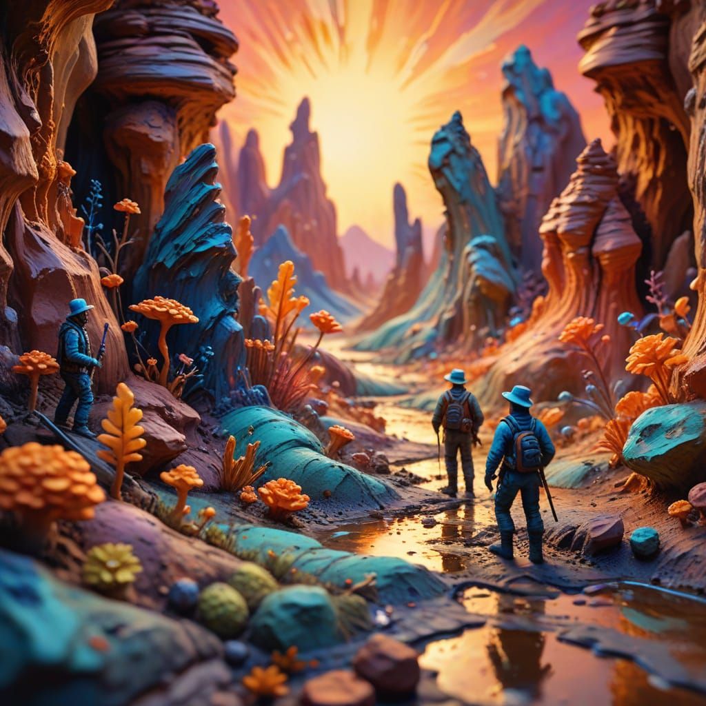Surreal Clay Landscape with Miniature Figures in Gouache Sty...