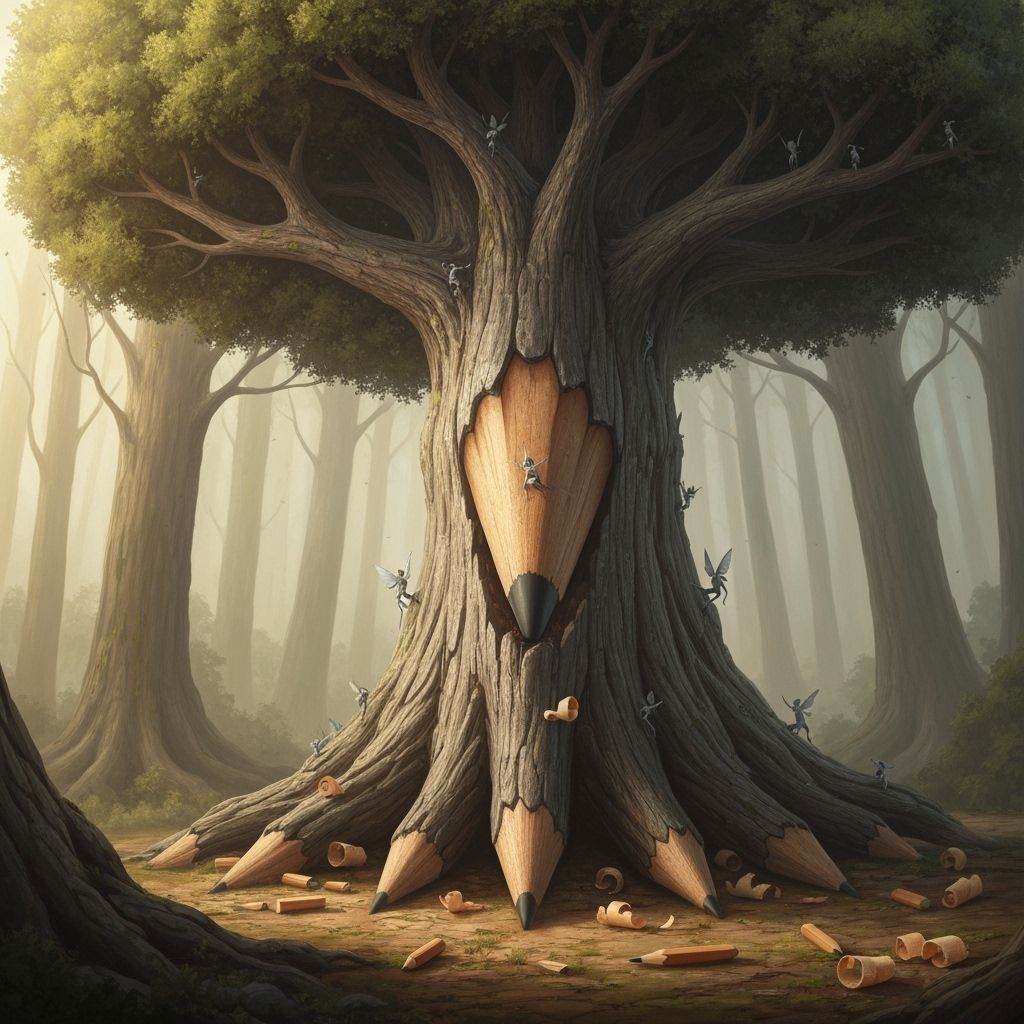 Ancient Tree Grows From Giant Pencil in Surreal Matte Painti...