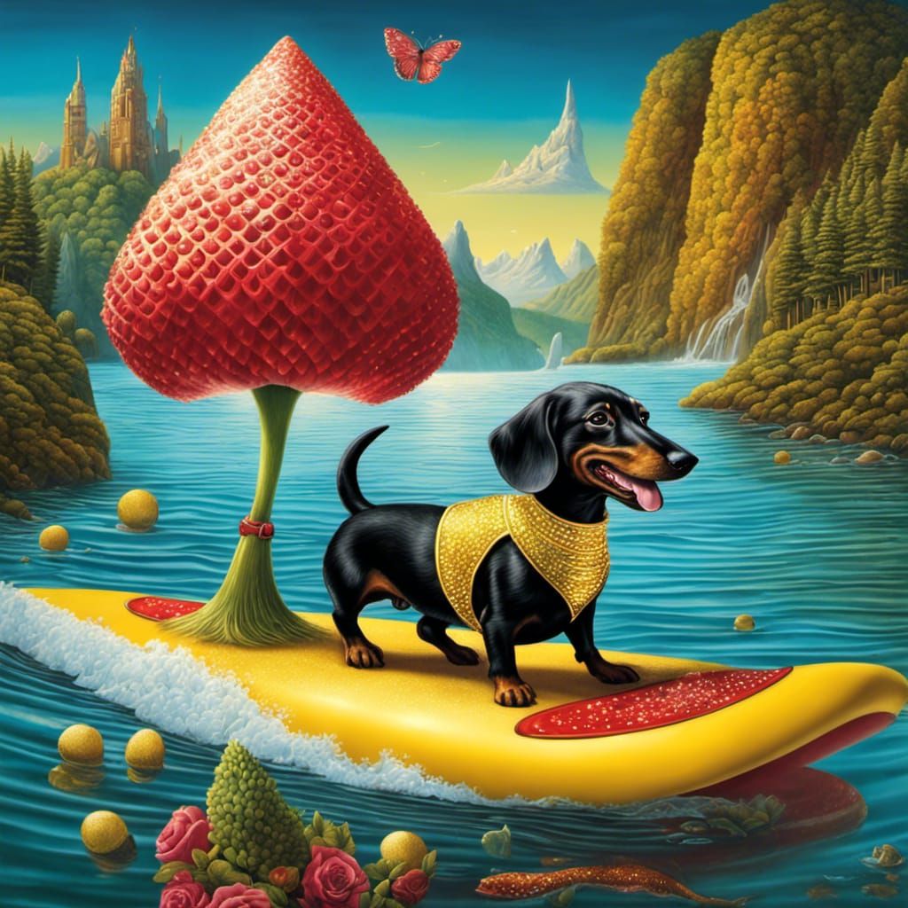 Dachshund surfing in wonderland