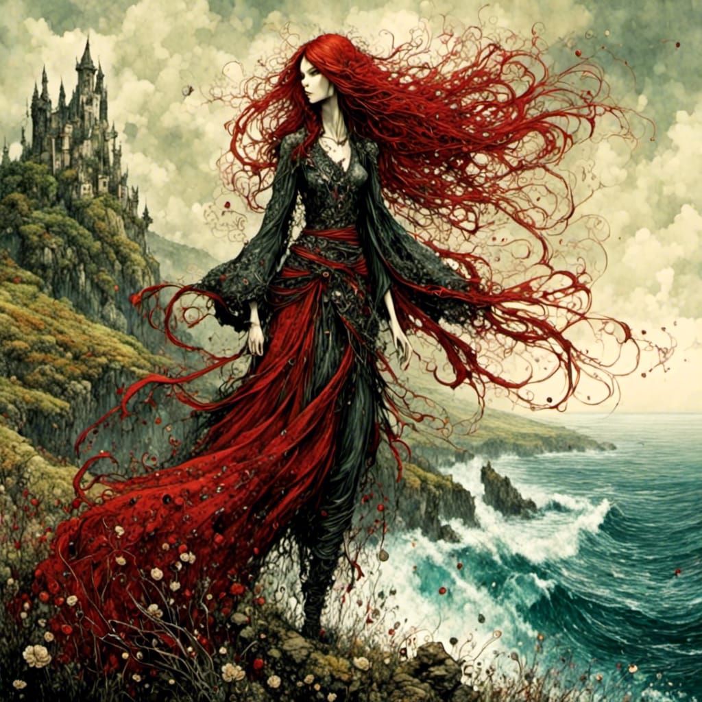 Girl with Flowing Red Hair on Clifftop