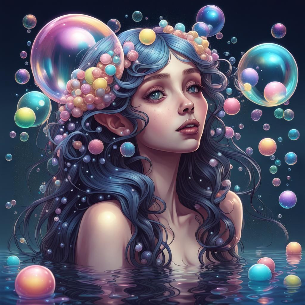 Fairy in Water with Bubbles, in Candy Art Nouveau Style