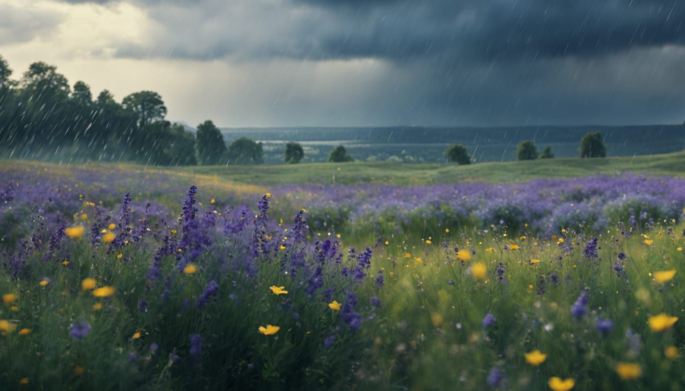 Impressionist Wildflowers Swaying Under Summer Rain
