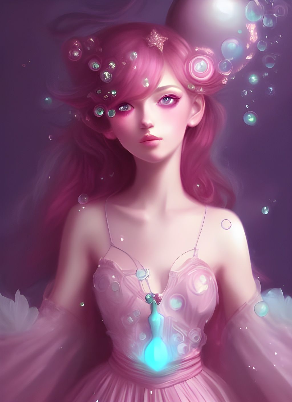 Ethereal Magical Girl Portrait with Rainbow Bubbles