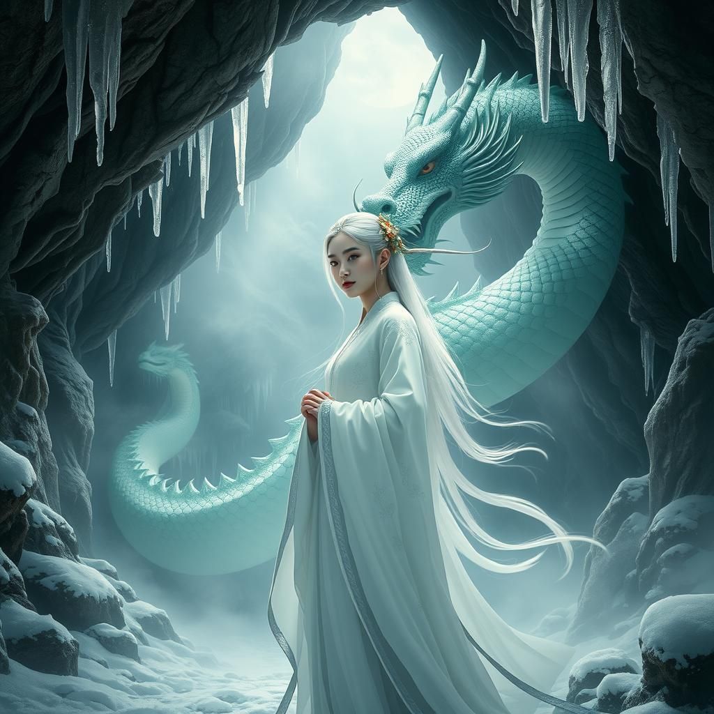 Chinese Maiden and Dragon in Ukiyo-e Style Cave