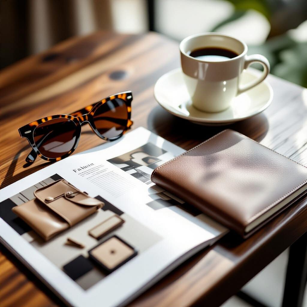 Minimalist Flat Lay of Premium Items on Walnut Table