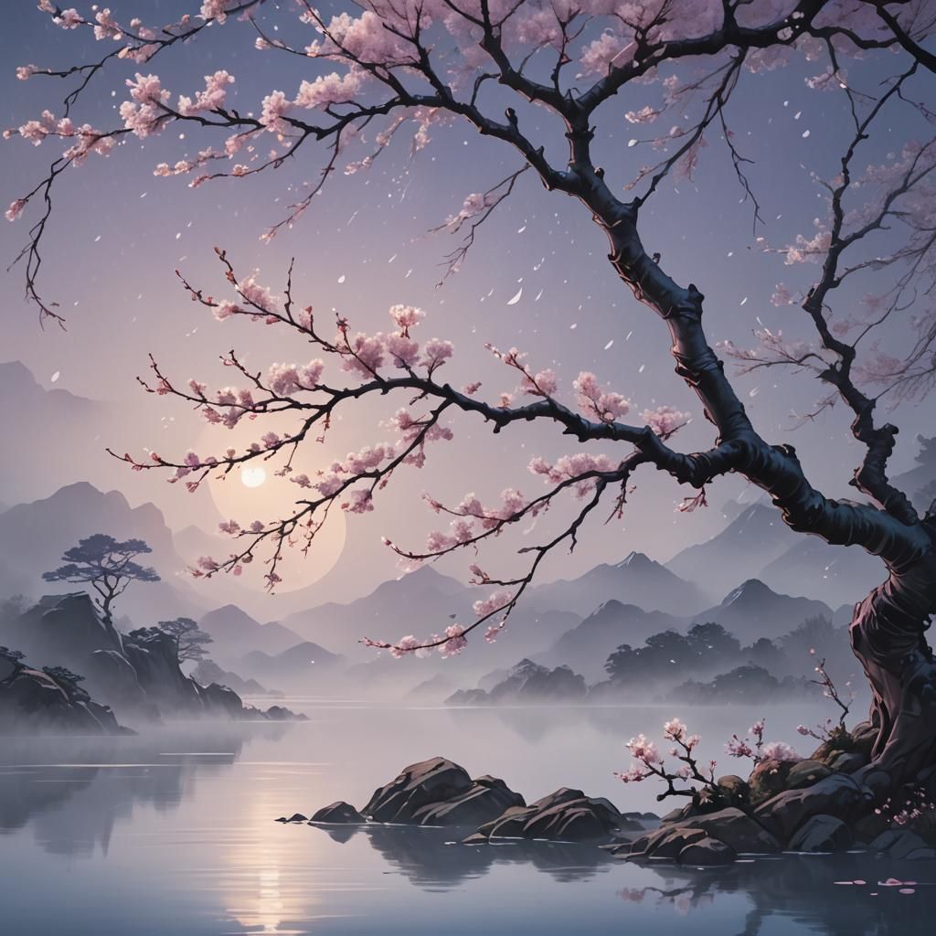 Sakura Branch Concept Art in Ukiyo-e Style