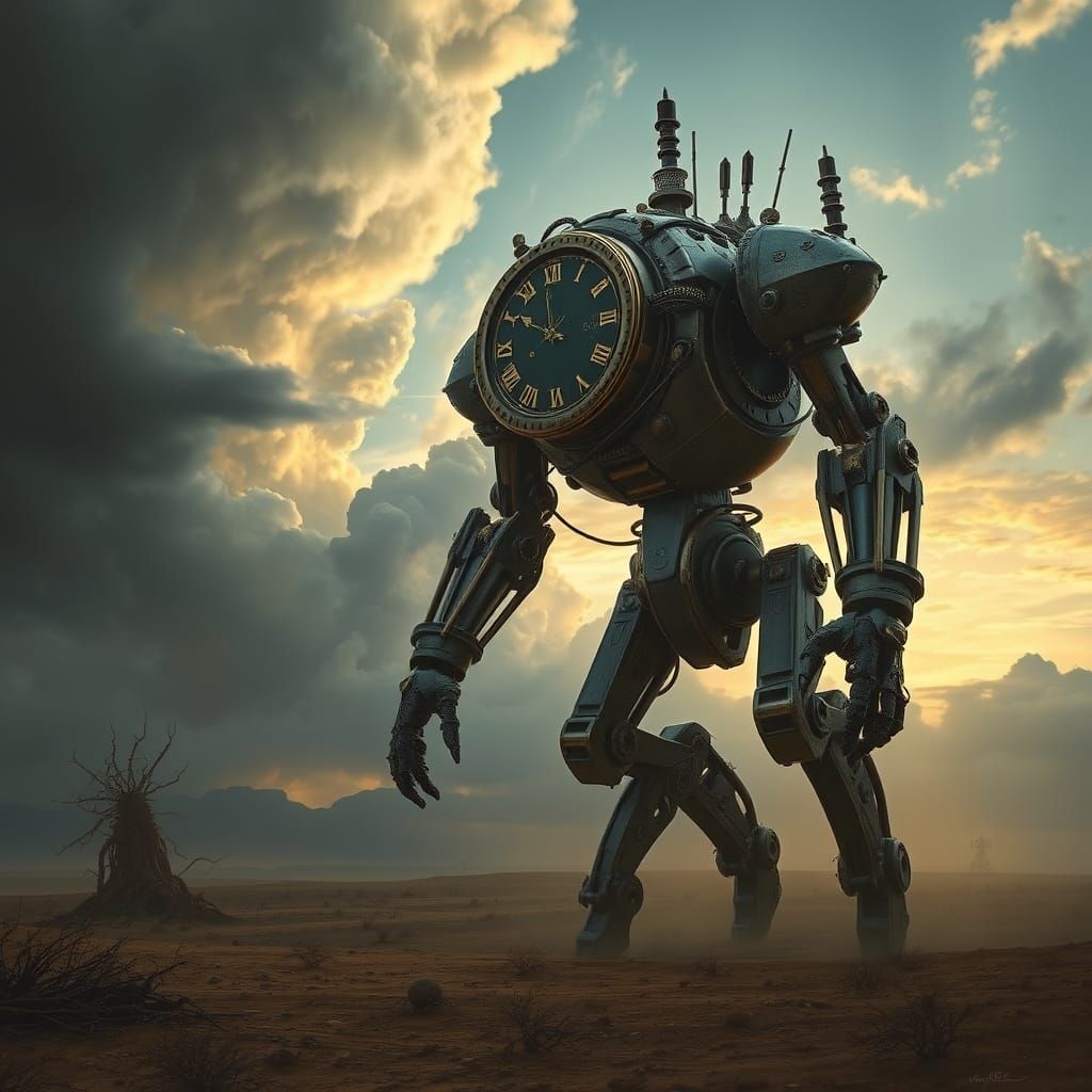 Steampunk Clockwork Golem in Desolate Landscape