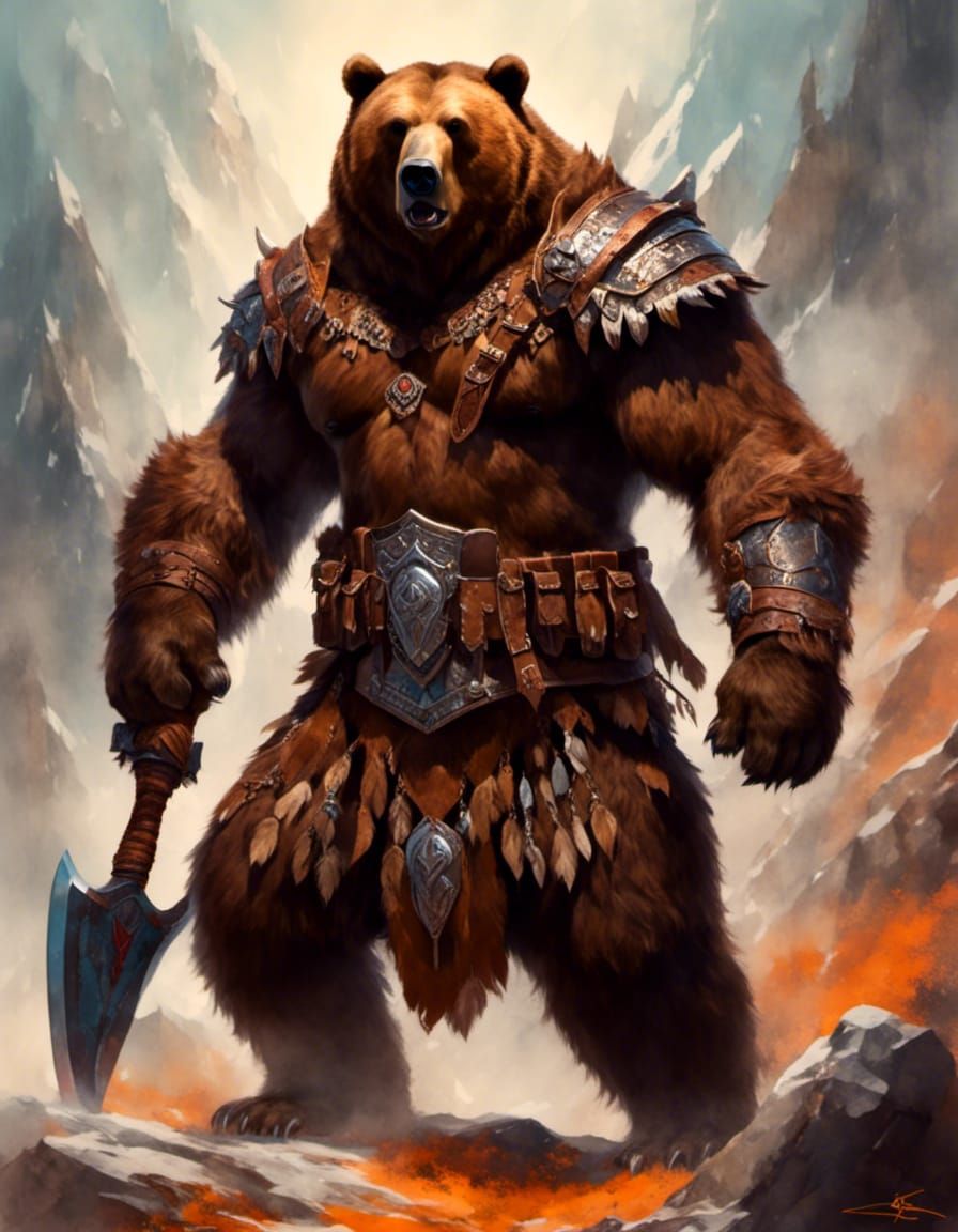 Grizzly Bear Barbarian Warrior Portrait in Gouache