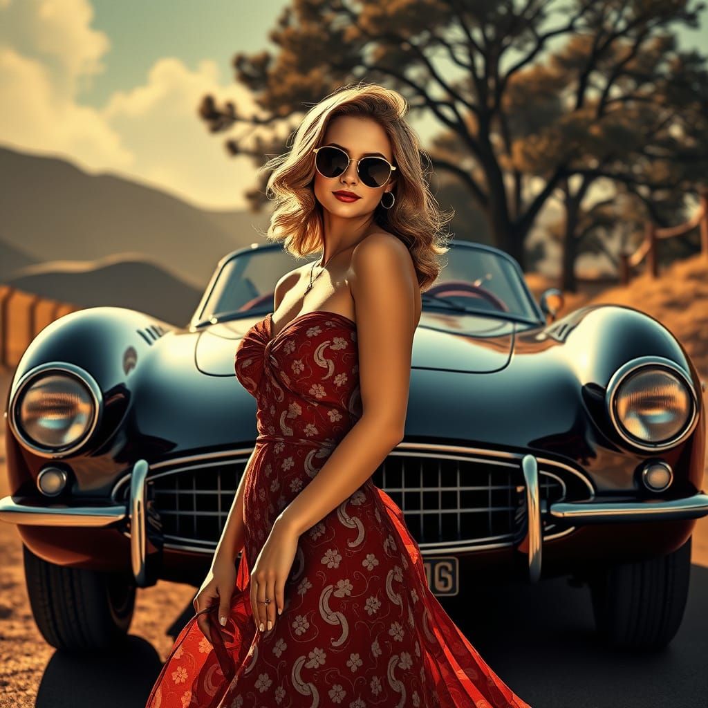 1950s Sports Car Ad: Lady, Vintage Poster Style