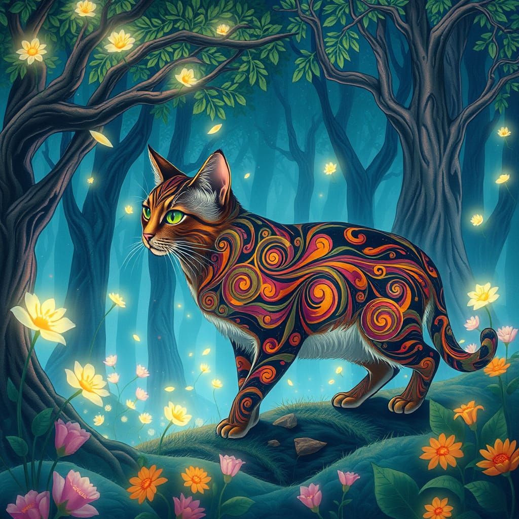 Whimsical Cat in Lush Bioluminescent Forest