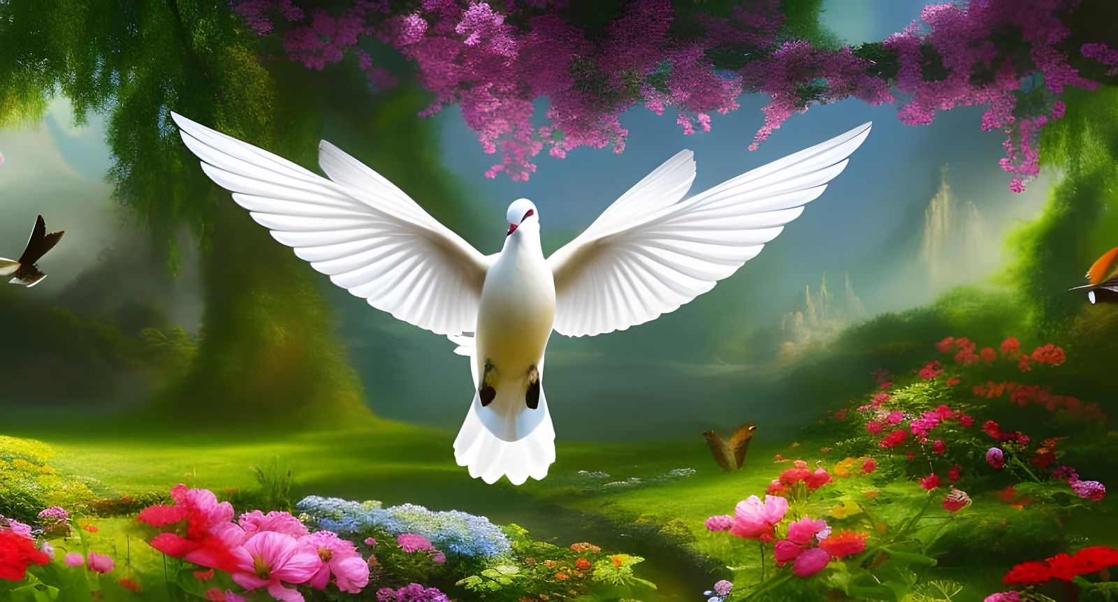 Dove with Floral Heart in Paradise Garden
