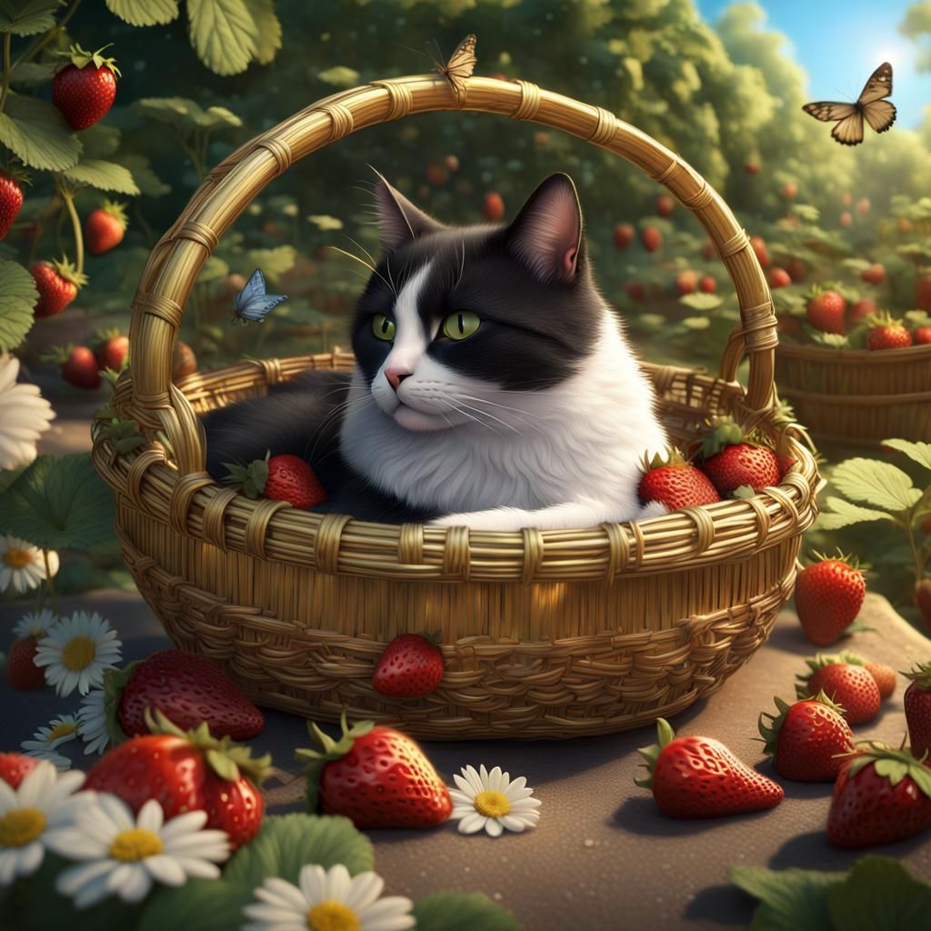 Tuxedo Cat Dreams in Strawberry Garden: Fantasy Art