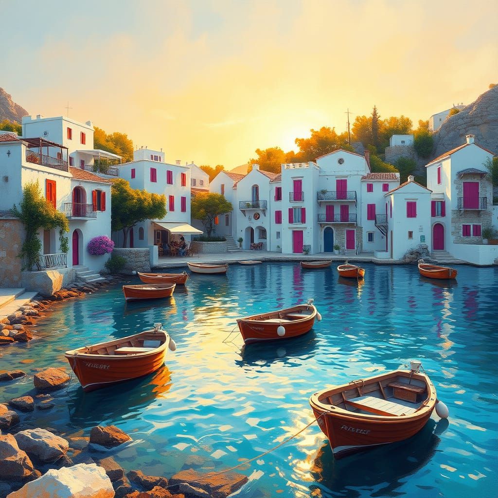 Impressionist Aegean Village at Sunset with Turquoise Waters...