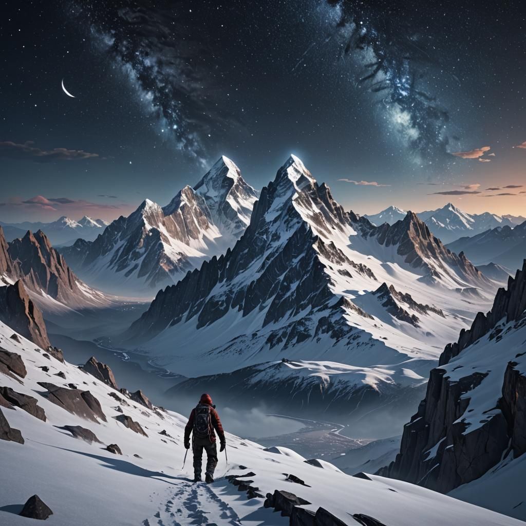 Snowy Mountain Ascent under Starry Sky