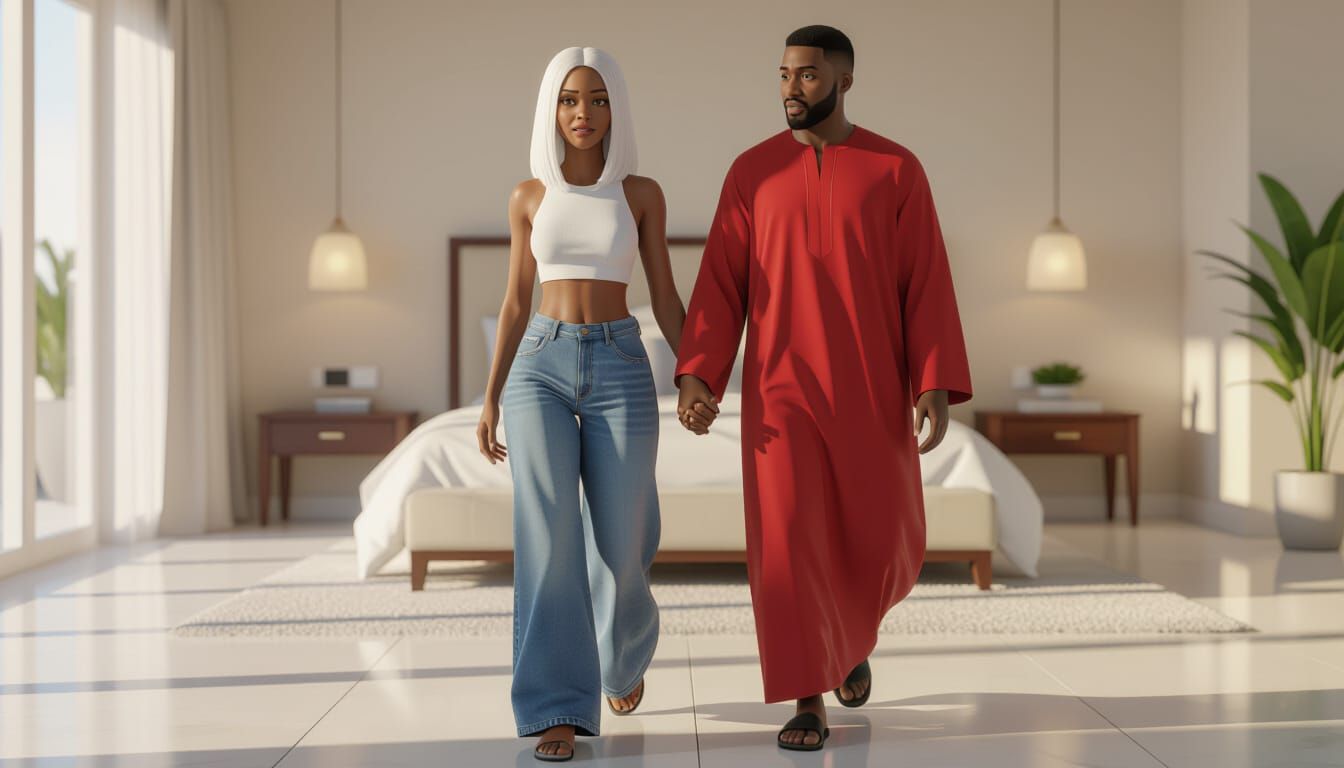 African Woman Crying in Luxury Bedroom, Animated Style