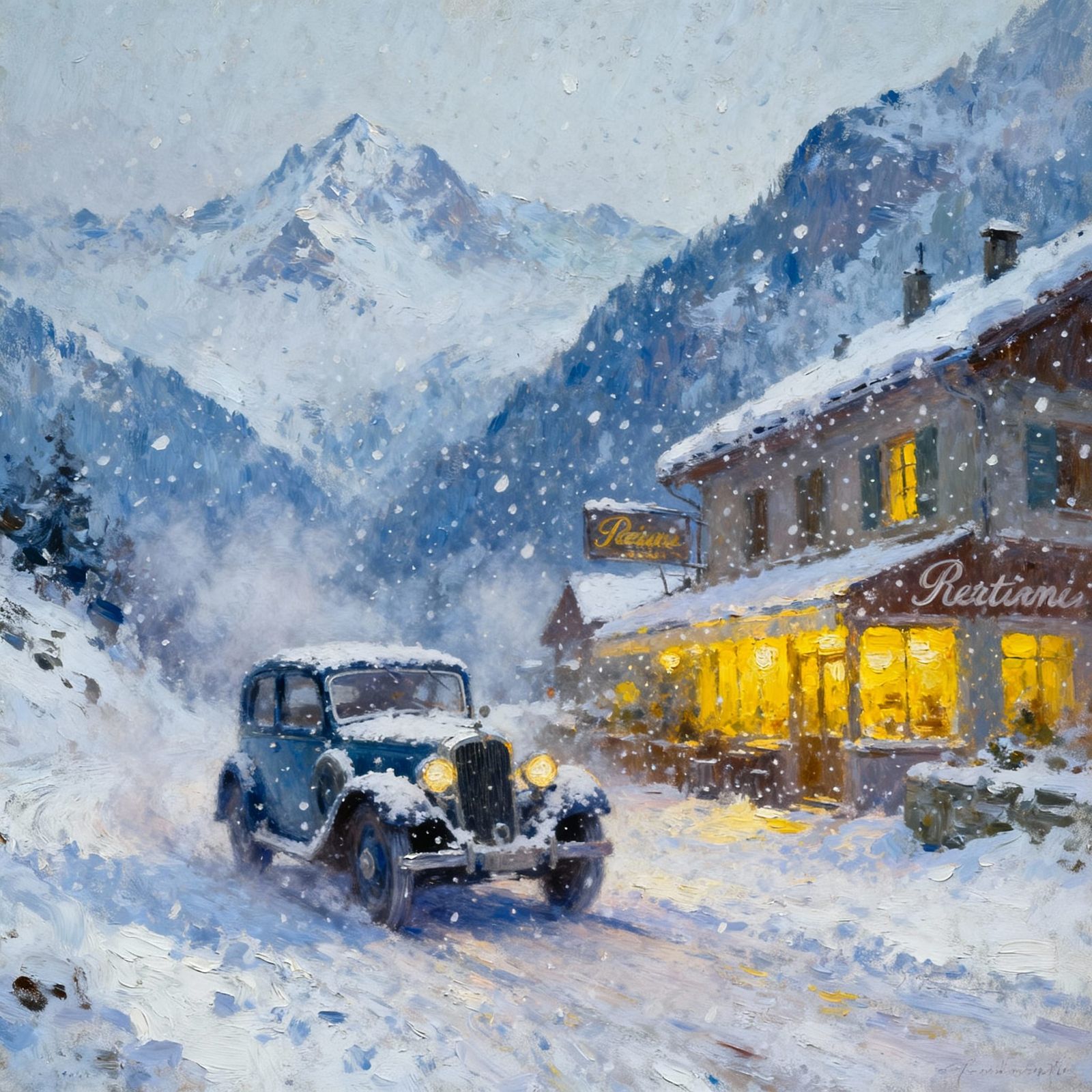 1930s Cars in Snowy French Alps Past Tavern