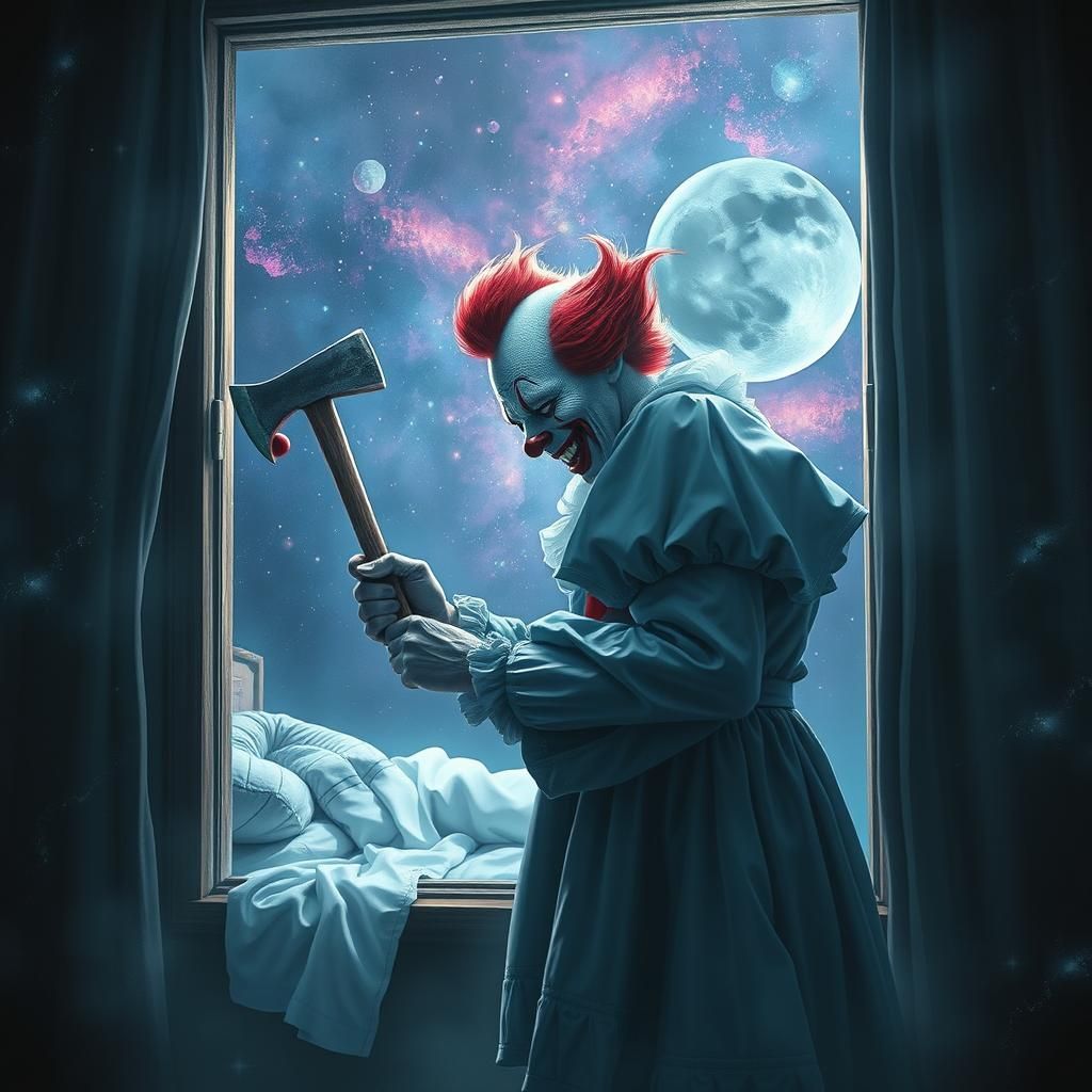Evil Clown with Axe: Holographic Astral Illustration