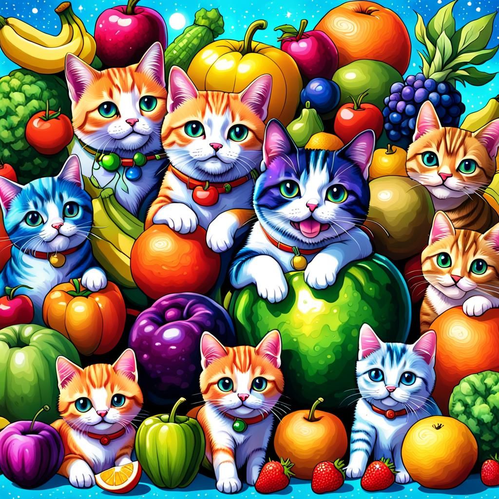 cool cats and  two dogs with Chibi Fruits & Vegetables