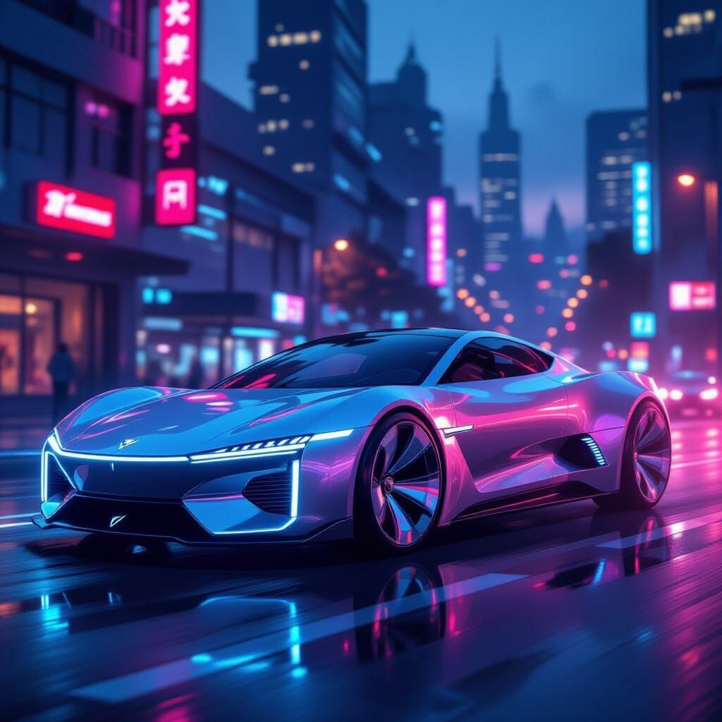 Futuristic Car on Neon Street in Cyberpunk Style