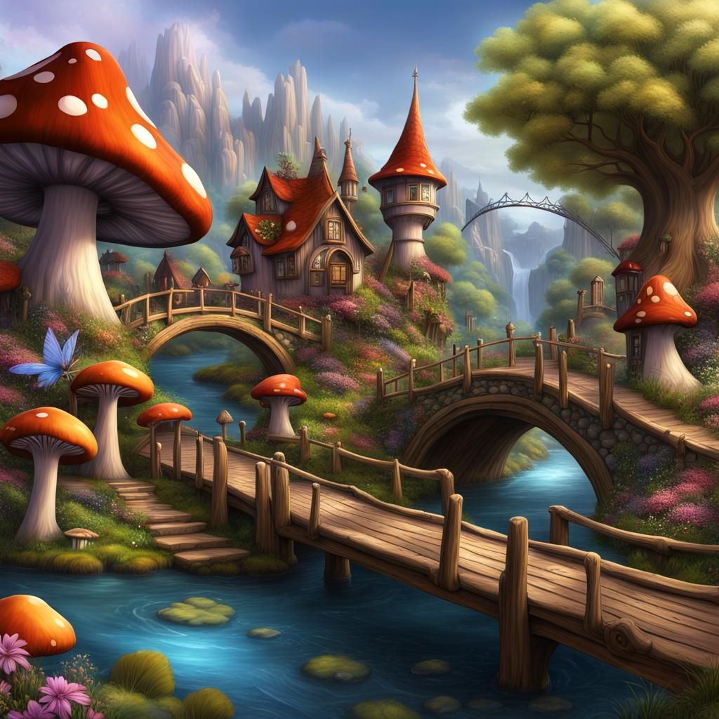 Enchanted Village With River and Magical Fairies