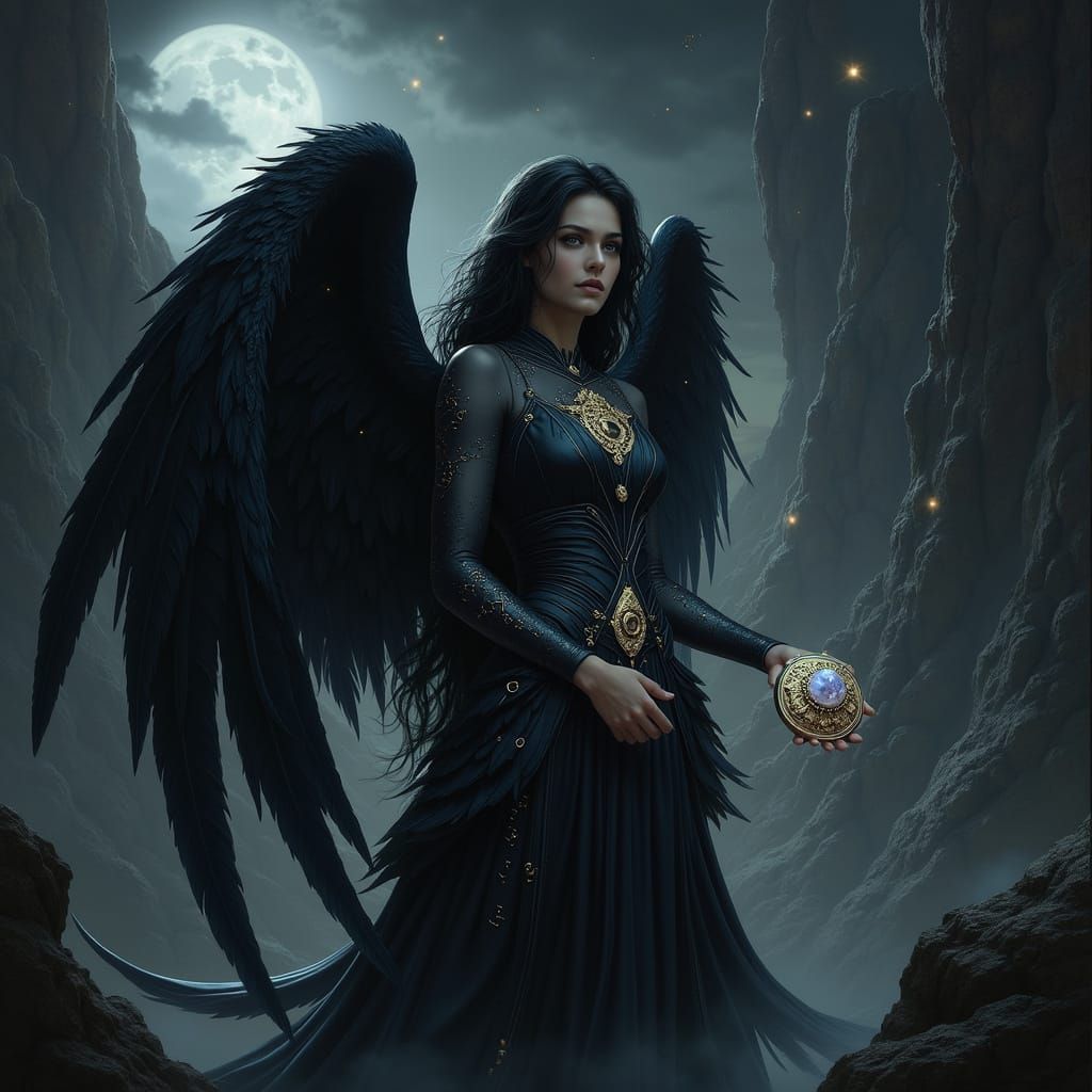 Goddess Nyx Offers Celestial Gift to Inanna in Dark, Starry ...