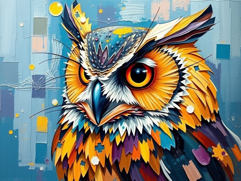 Expressionist Eagle Owl Oil Painting with Thick Impasto Laye...