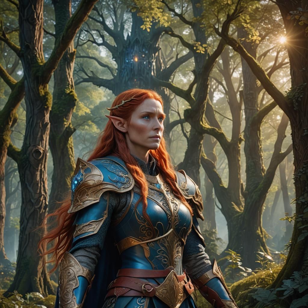 A tall female elf with long red hair,blue eyes and around 35...