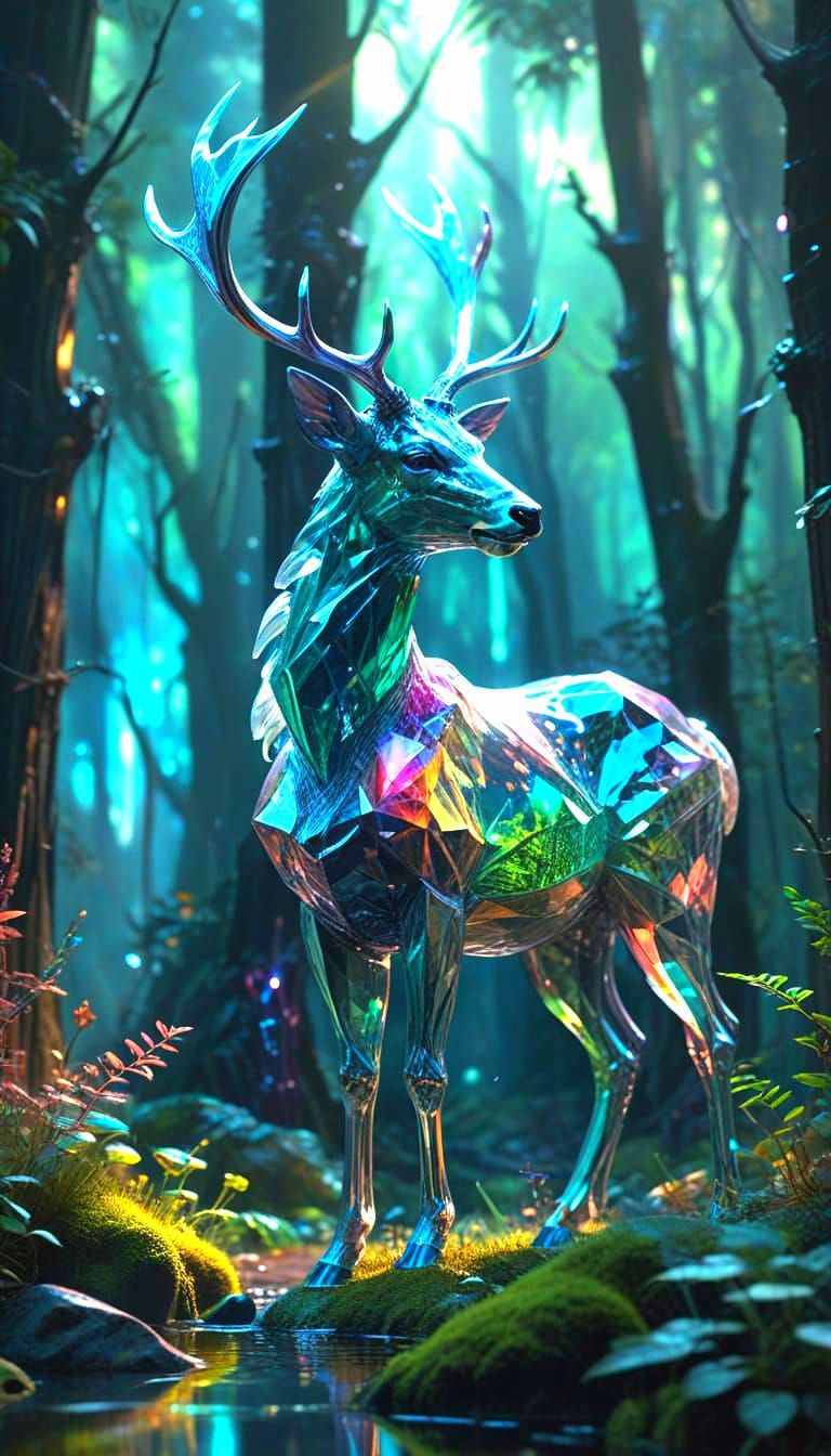 Crystal Deer in Lush Forest: Surreal Fantasy Art