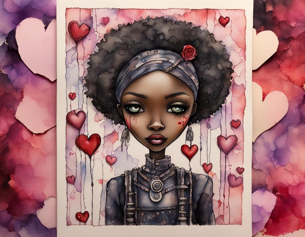 Melanin Cyborg Valentine in Pastel Watercolor Style
