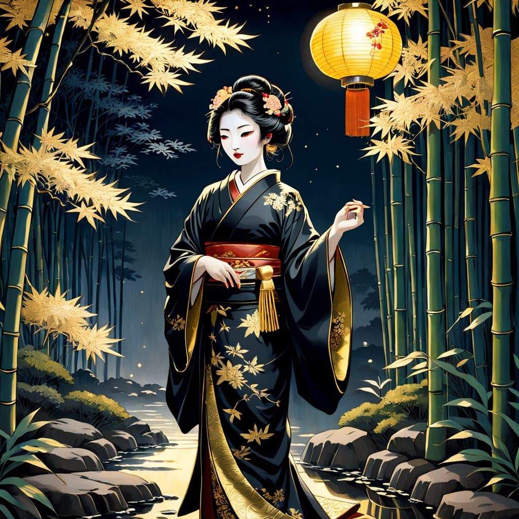Geisha in Moonlit Garden, Divine Oil Painting Style