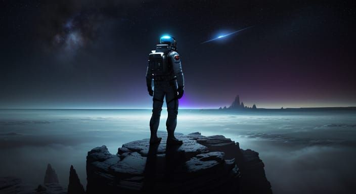 Astronaut Gazes at Nebulae Sky on Alien Planet
