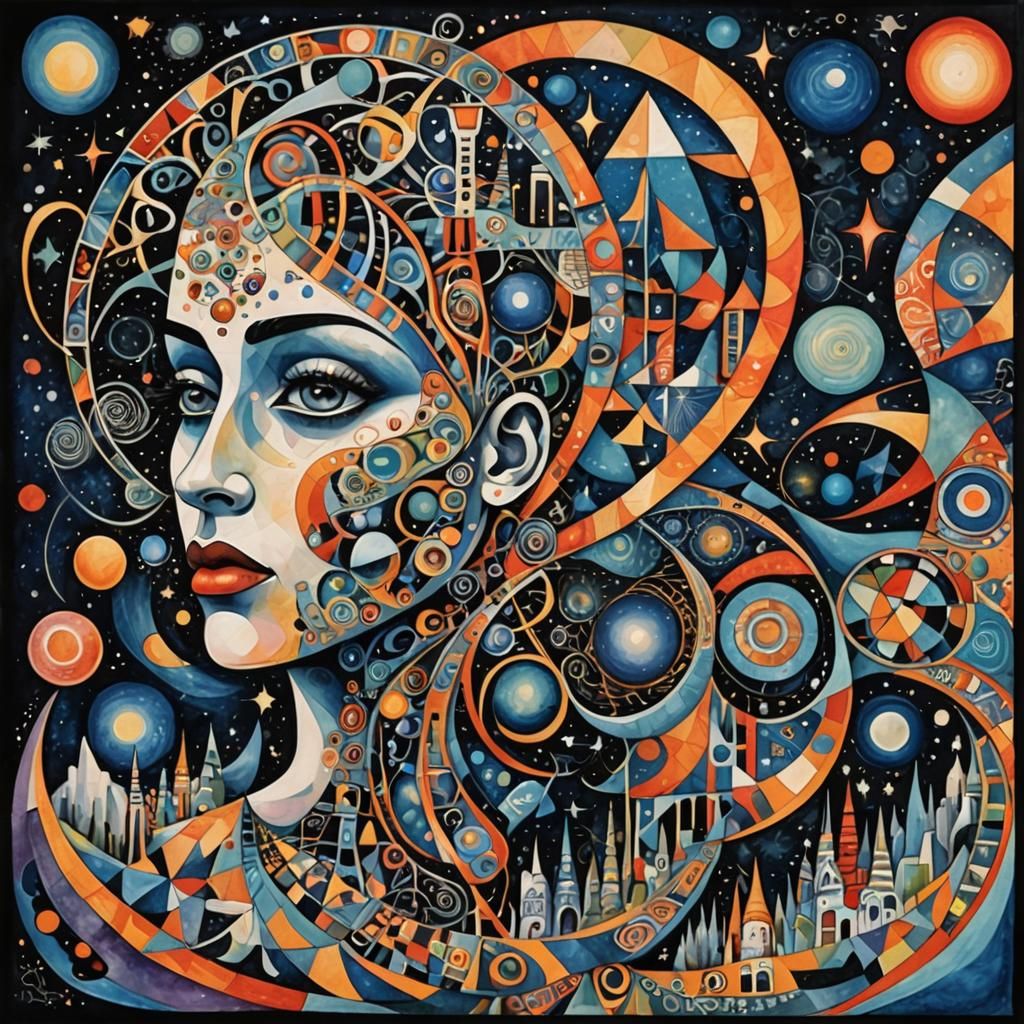 Surreal Cubist Dreamscape cosmic DNA zentangles depicting un...