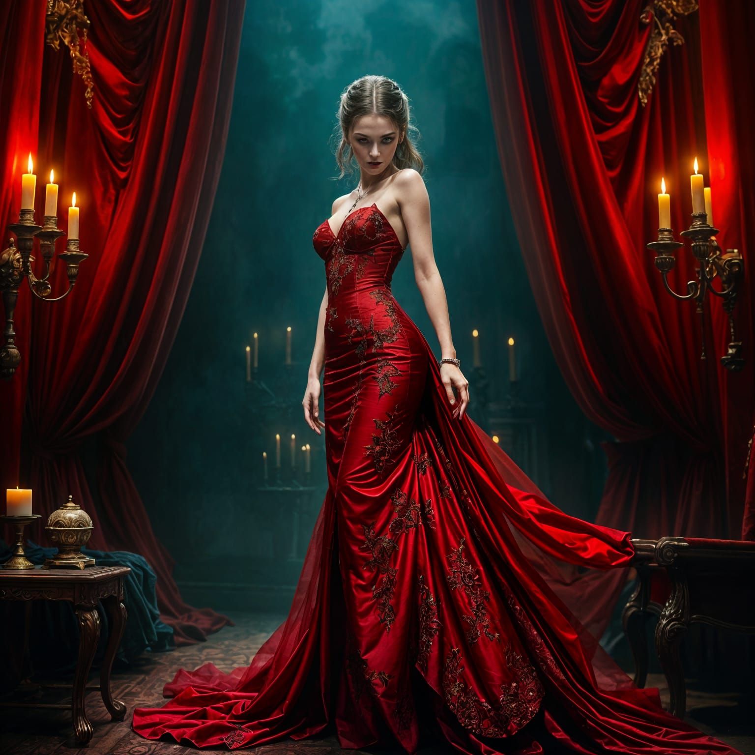Elegant Vampire Woman in Gothic Setting