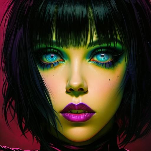 Singer with Violet Hair in Synthwave Neon Style