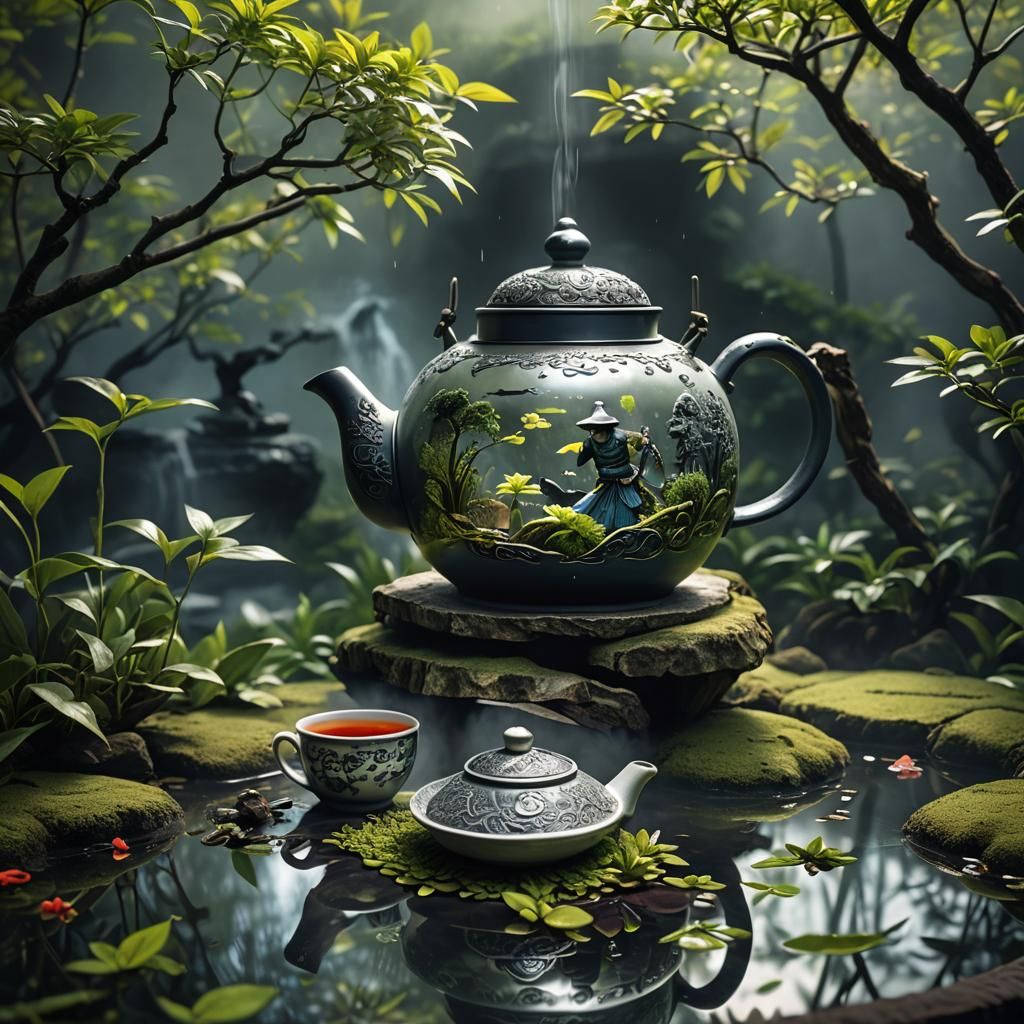 Magical Samurai in Teapot in Zen Garden