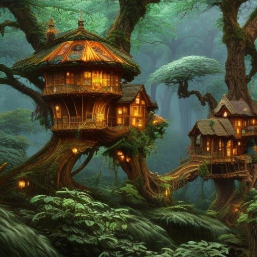 Detailed Forest Scene with Ornate Treehouses
