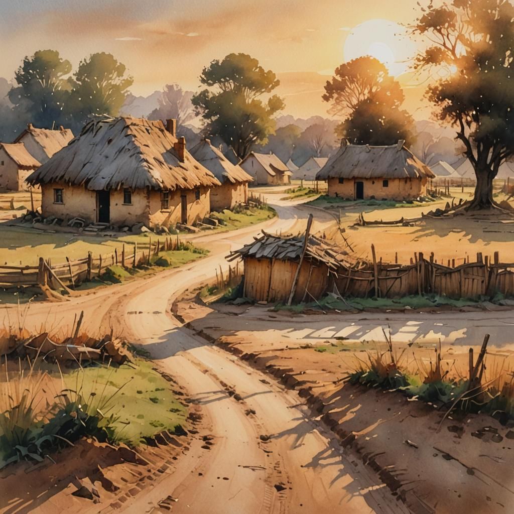 Deserted Village Sunset: Impressionist Watercolor Painting