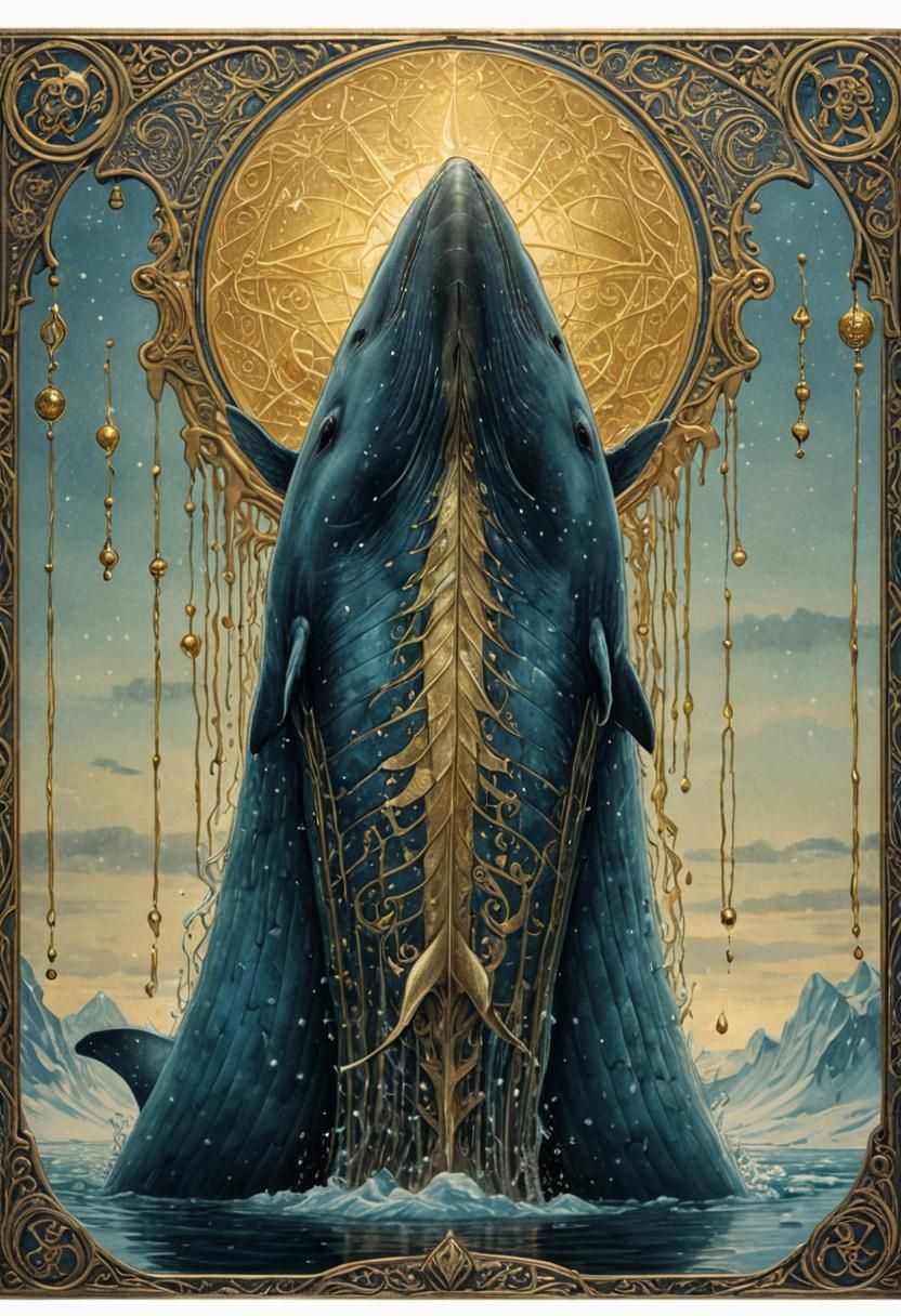 Golden Whale Tarot Card in Medieval Style
