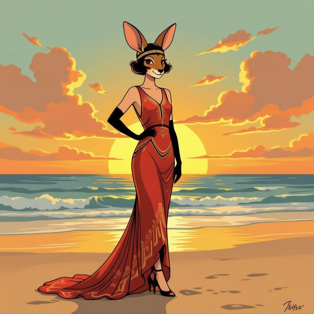 Kangaroo Flapper Girl on Sunset Beach in Art Deco Style