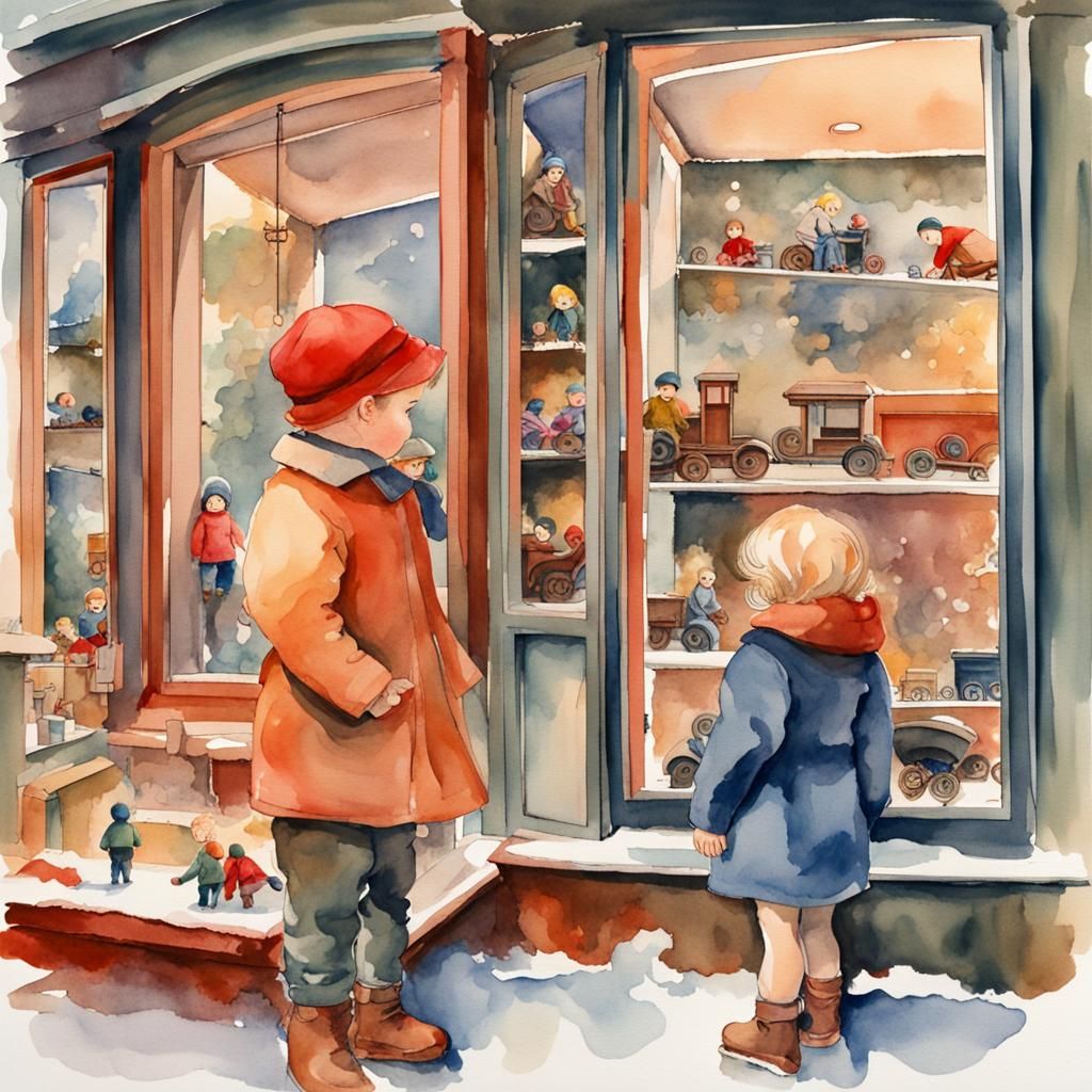 Children Gaze at Toys, Watercolor Abstract Art
