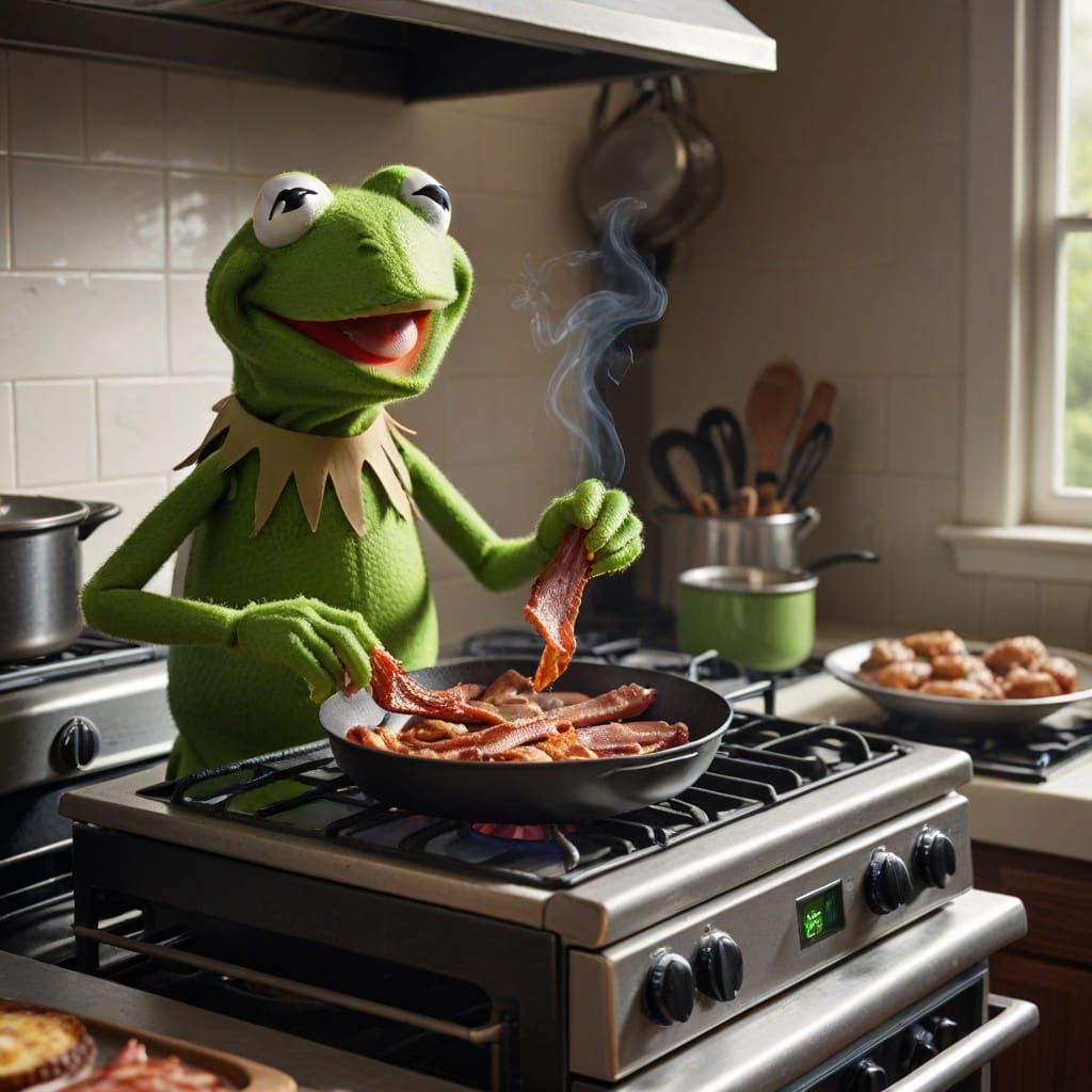 Kermit the Frog Cooks Bacon in a Photorealistic Kitchen Scen...