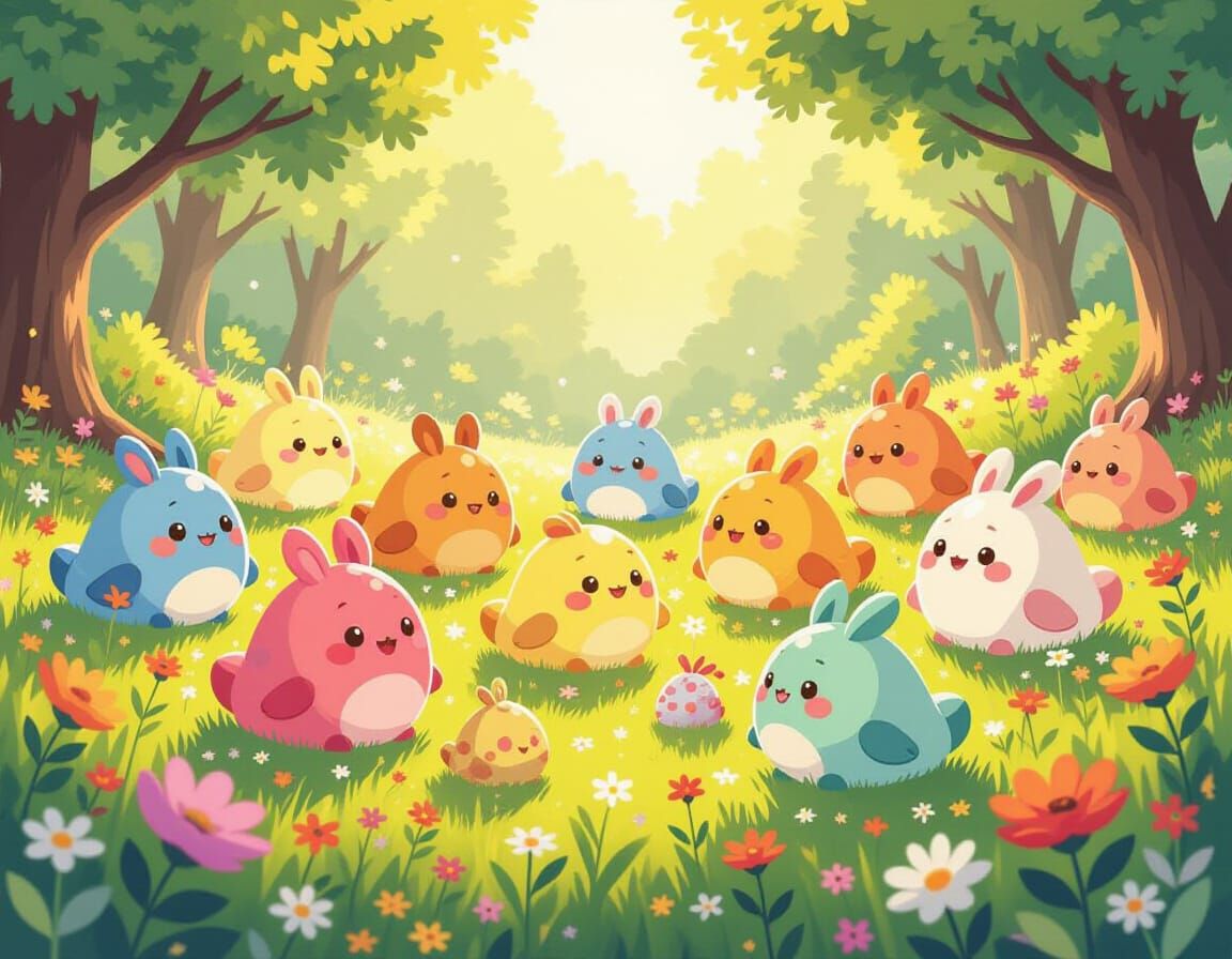 Whimsical Ooblets in Sun-Dappled Meadow Storybook Style