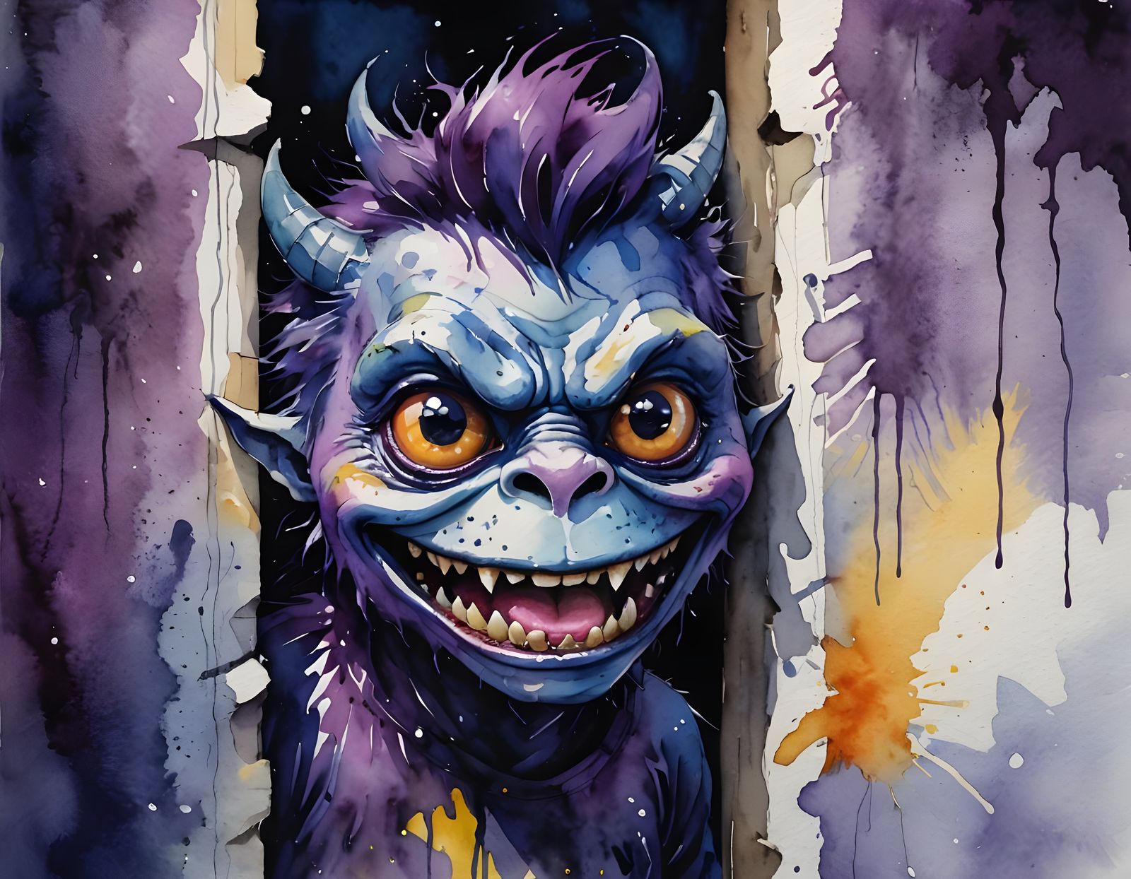 Watercolor Monster Peeking Around Corner