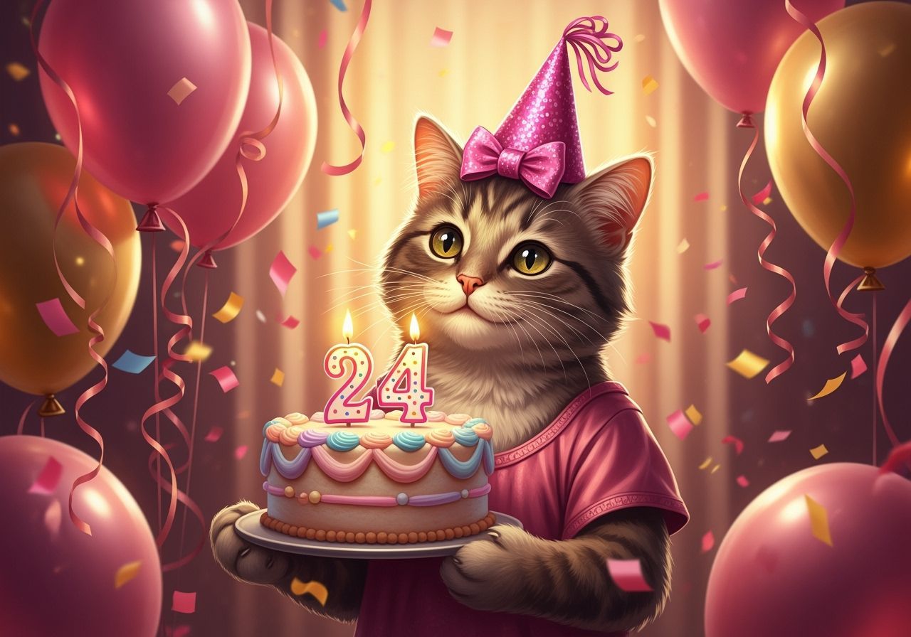 Anthropomorphic Cat Celebrates Birthday with Cake and Balloo...