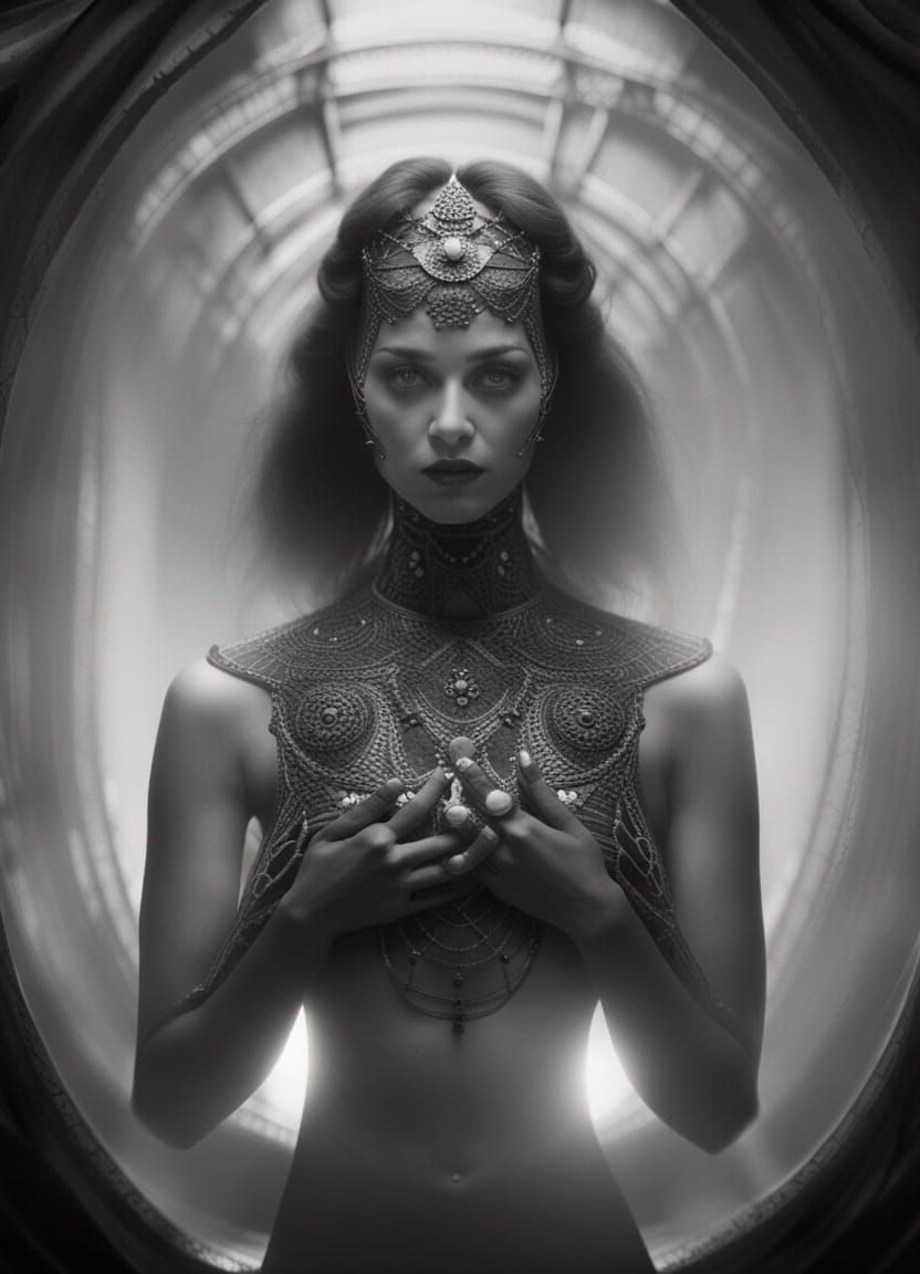 Biomechanical Priestess: Black and White Photographic Portra...