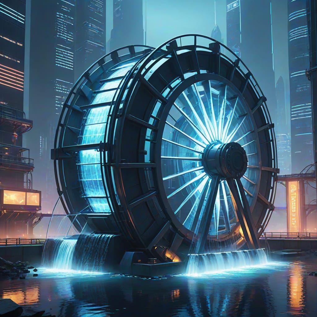 Cyberpunk Waterwheel Concept Art in Futuristic Landscape