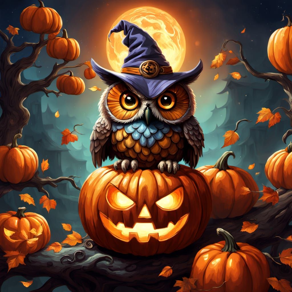 Wise Owl in Pumpkin Hat on Glowing Lantern