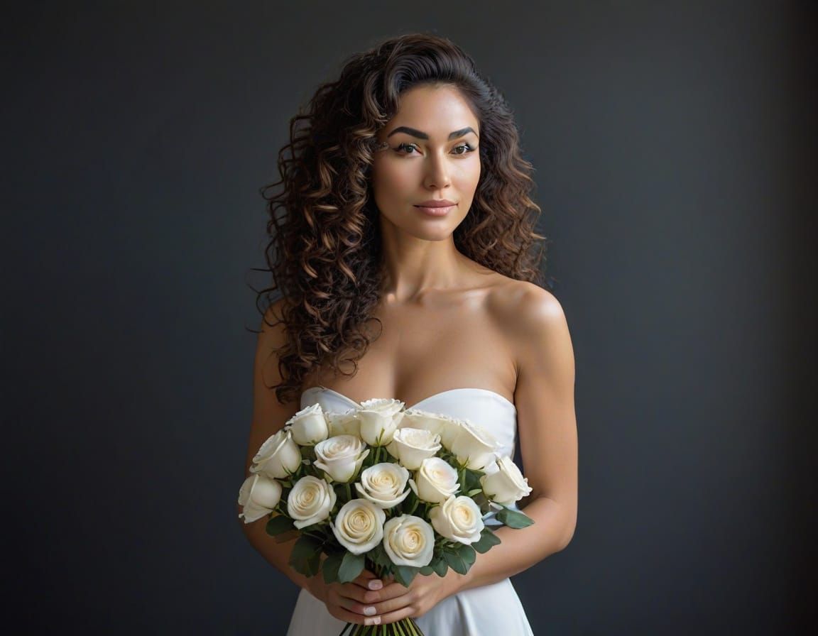 Confident Woman Holds White Roses in a Classical Portrait