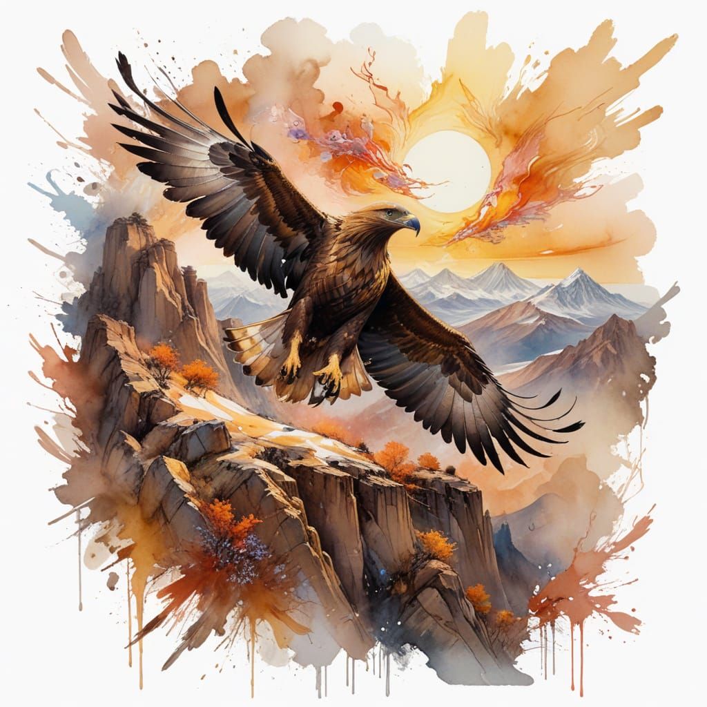 Golden Eagle Soars Over Majestic Mountain Pass in Vibrant Di...